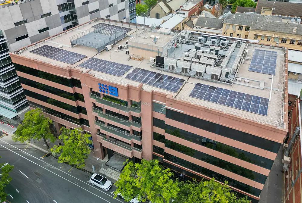 Birds-eye view of Channel 9 Adelaide building's solar panels