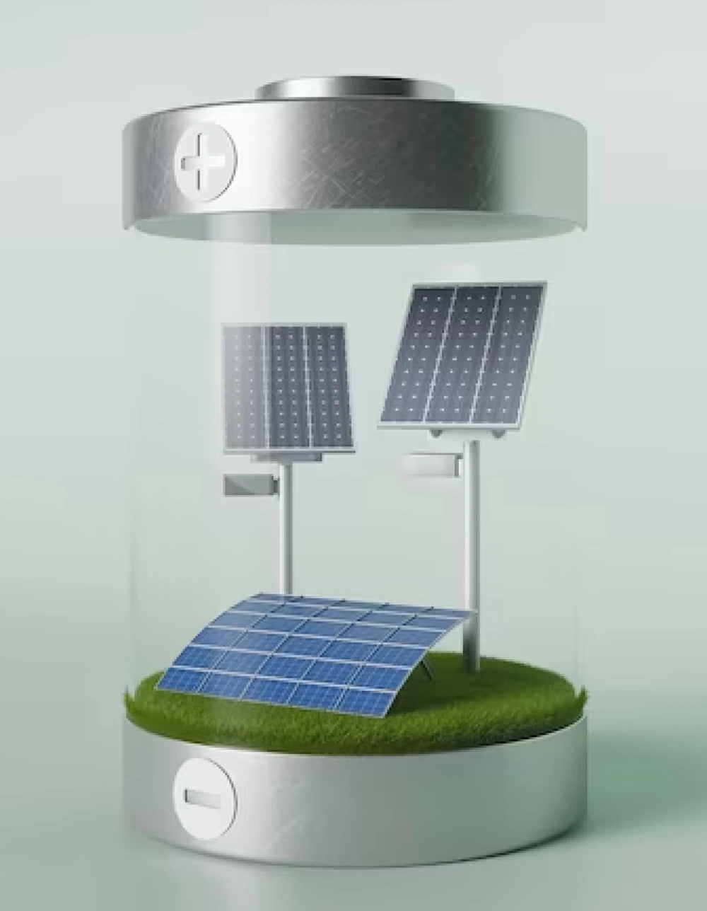 An artistic impression of a solar battery. A translucent battery casing with small solar panels inside.